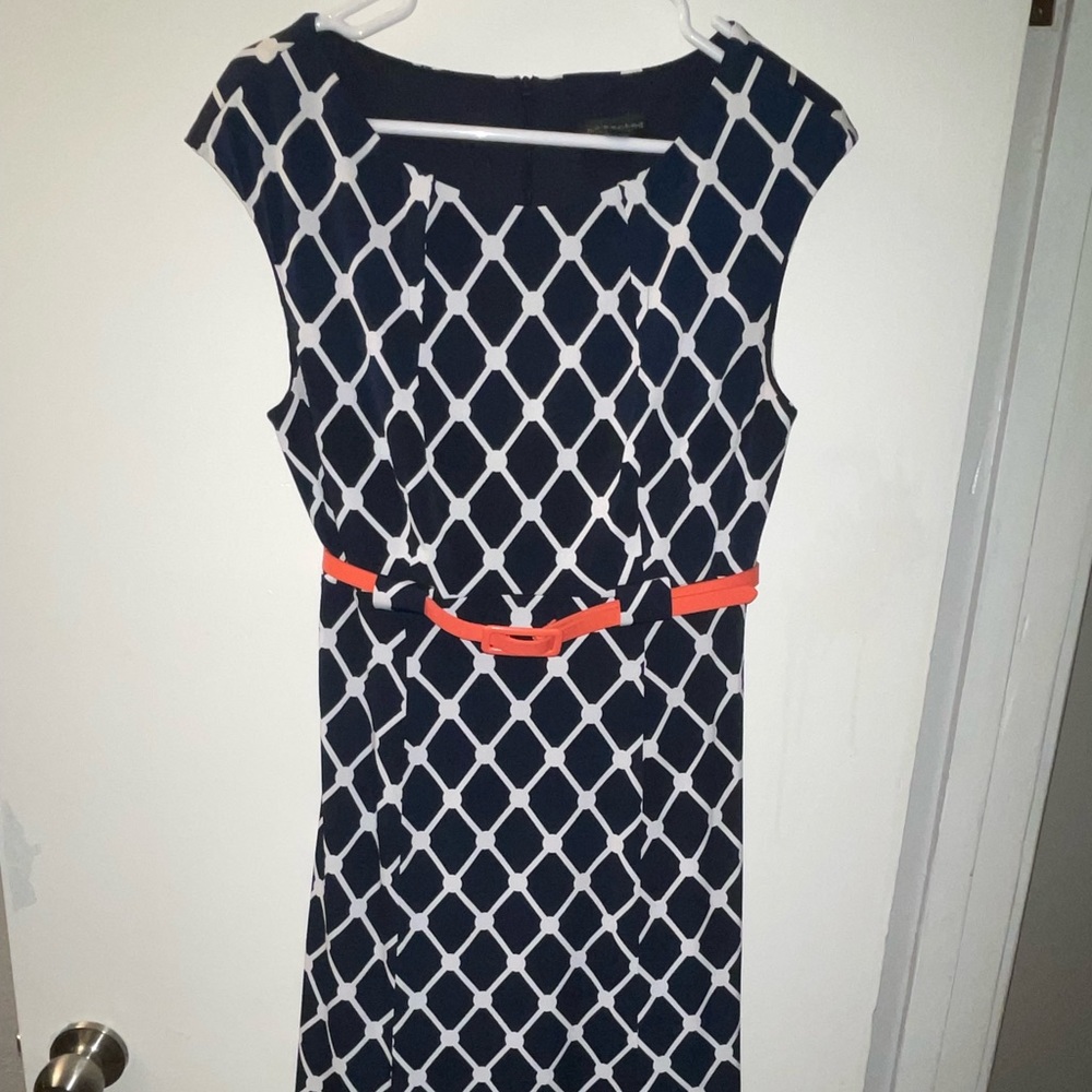 Connected Apparel Navy and White, Short Sleeve Dress with Pink Belt; Size 10